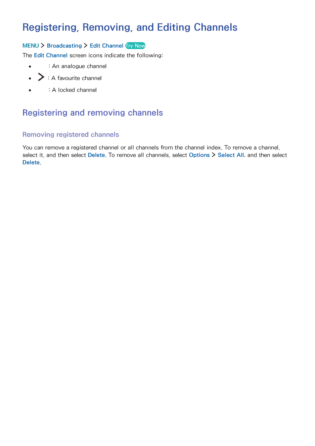 Samsung UA48J6300ARXUM, UA55J6300ARXSK manual Registering, Removing, and Editing Channels, Registering and removing channels 