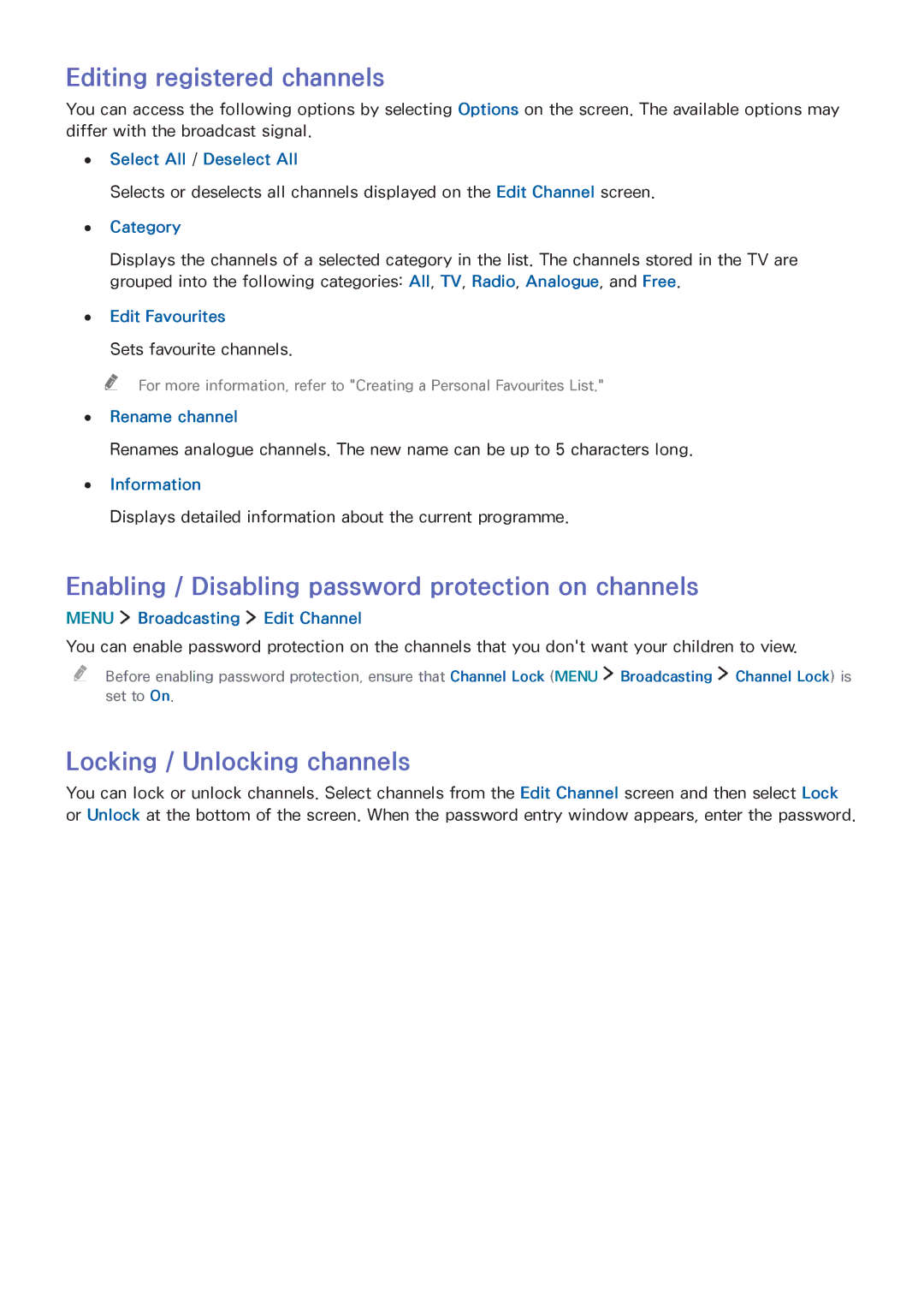 Samsung UA40J6300ARXUM, UA55J6300ARXSK Editing registered channels, Enabling / Disabling password protection on channels 