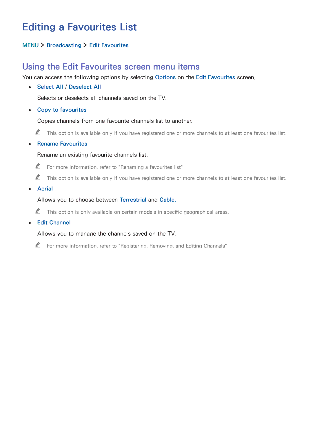 Samsung UA50J5500ARXUM, UA55J6300ARXSK manual Editing a Favourites List, Using the Edit Favourites screen menu items 