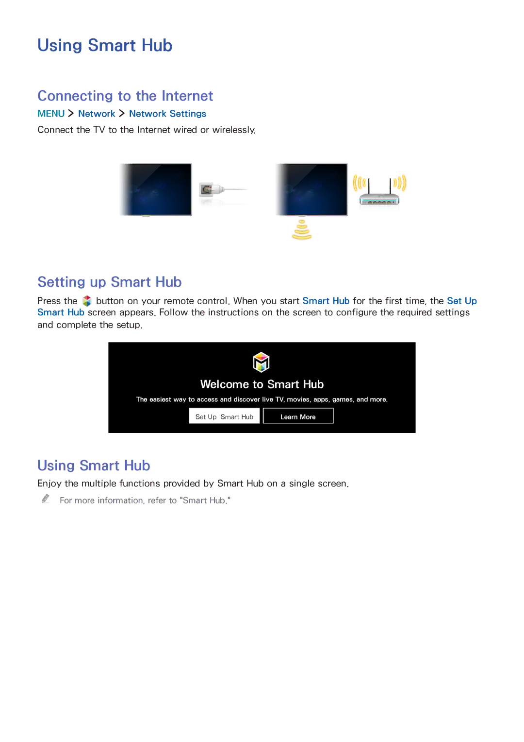 Samsung UA55J6300ARXUM Using Smart Hub, Connecting to the Internet, Setting up Smart Hub, Menu Network Network Settings 