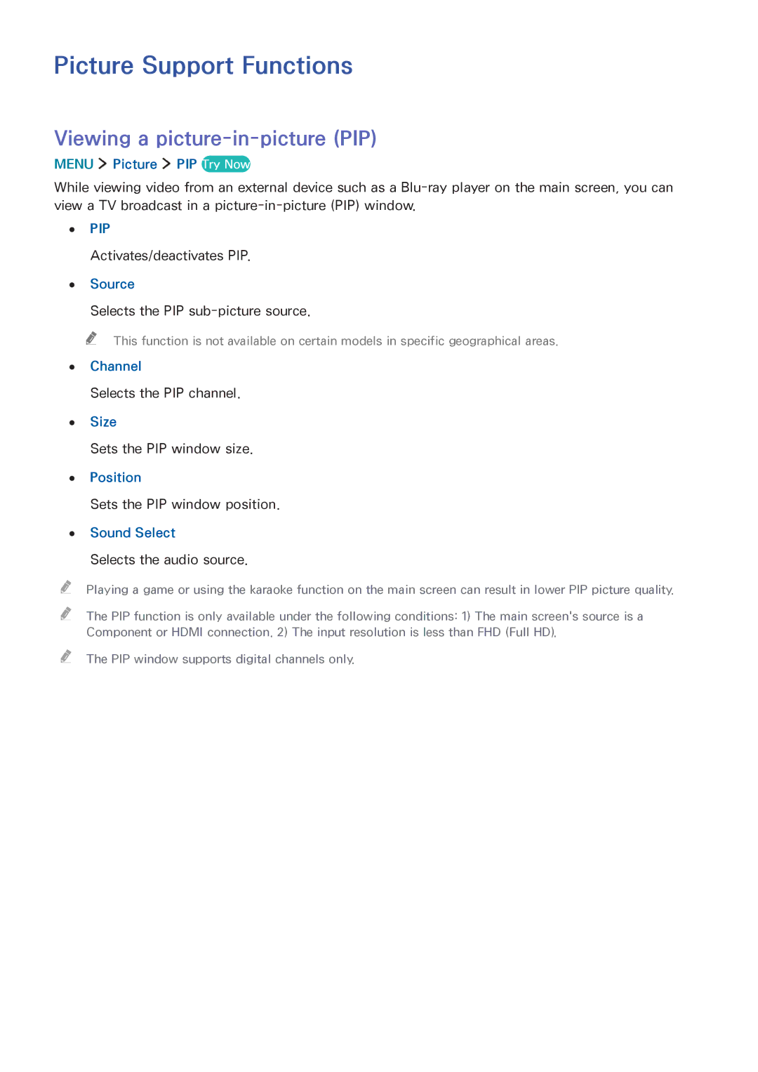 Samsung UA50J5500ARXUM, UA55J6300ARXSK, UA40J5500ARXSK manual Picture Support Functions, Viewing a picture-in-picture PIP 