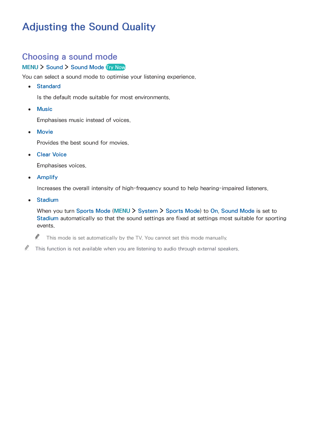 Samsung UA48J6200ARXUM, UA55J6300ARXSK, UA40J5500ARXSK, UA48J6300ARXSK Adjusting the Sound Quality, Choosing a sound mode 