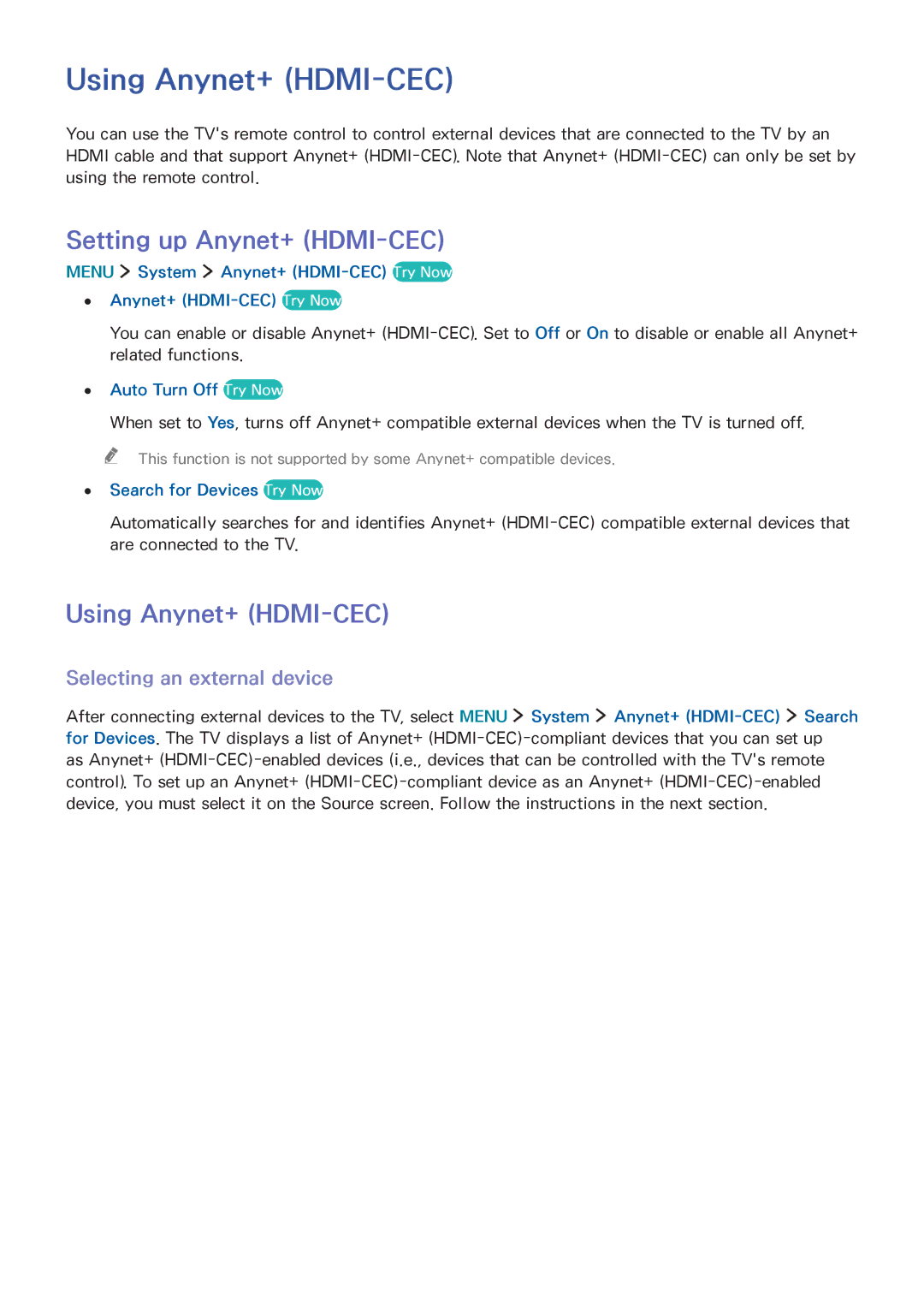 Samsung UA43J5500ARXUM, UA55J6300ARXSK Using Anynet+ HDMI-CEC, Setting up Anynet+ HDMI-CEC, Selecting an external device 