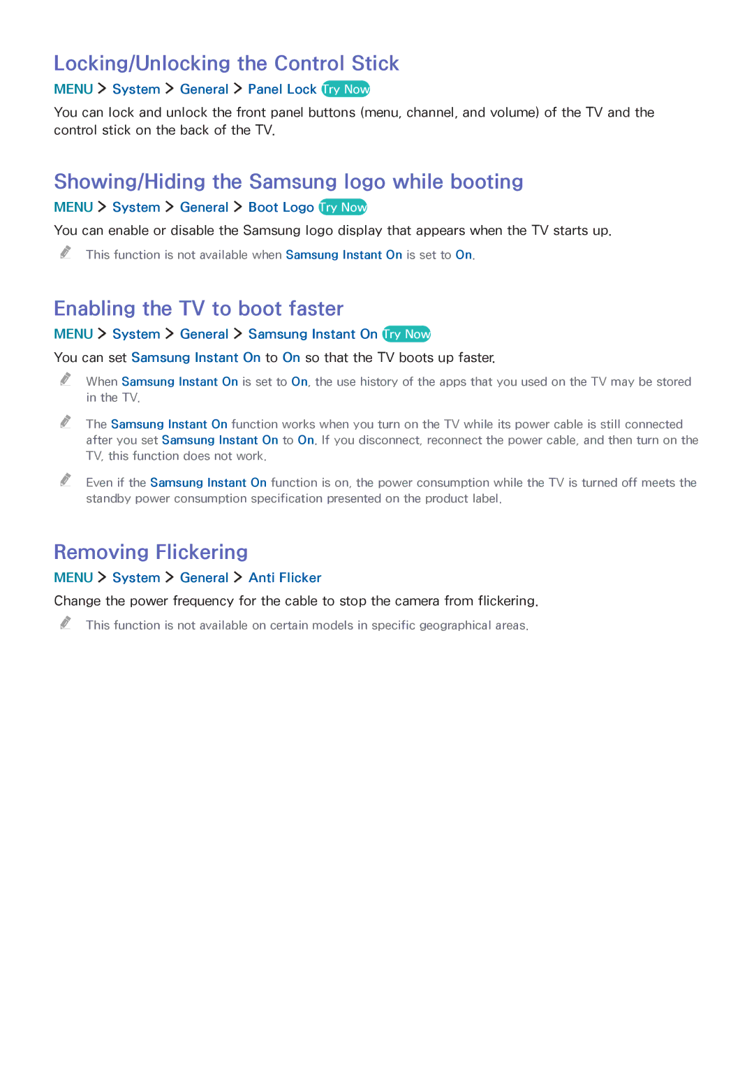 Samsung UA55J6300ARXUM, UA55J6300ARXSK Locking/Unlocking the Control Stick, Showing/Hiding the Samsung logo while booting 