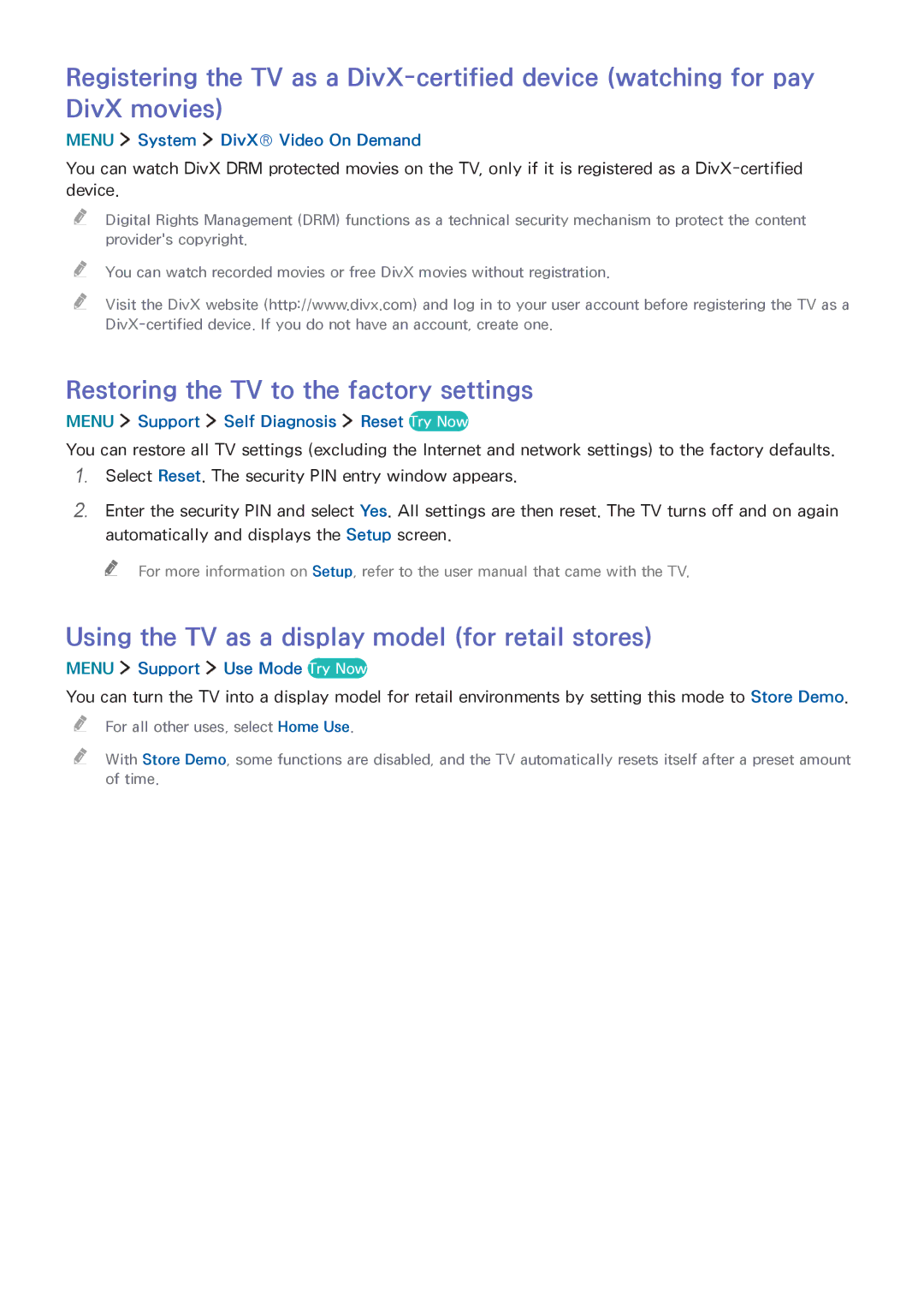 Samsung UA50J5500ARXUM manual Restoring the TV to the factory settings, Using the TV as a display model for retail stores 