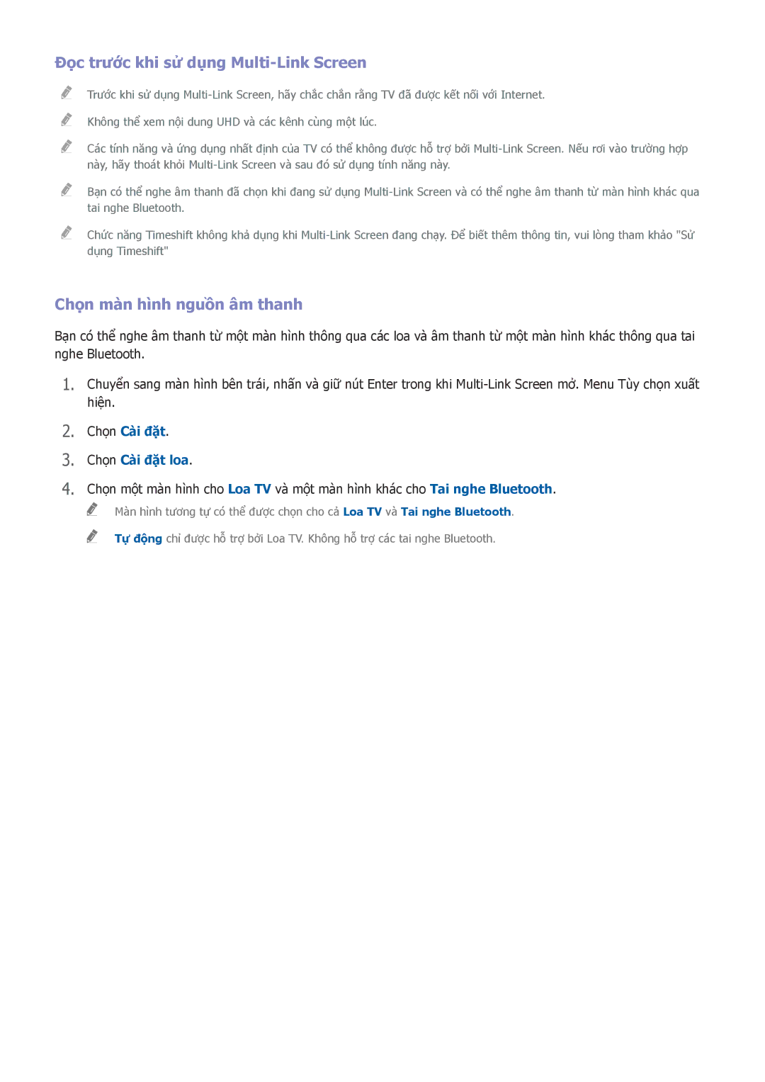 Samsung UA65JU6060KXXV, UA55JS8000KXXV manual Đọc trước khi sử dụng Multi-Link Screen, Chọn màn hình nguồn âm thanh 