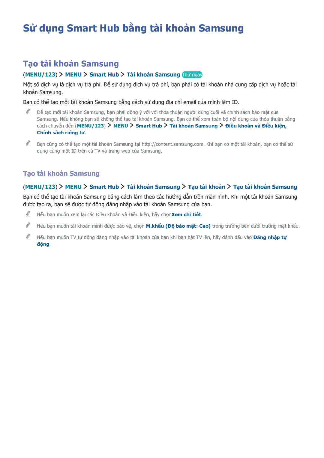 Samsung UA65JU6000KXXV, UA55JS8000KXXV, UA40JU6000KXXV manual Sử dụng Smart Hub bằng tài khoản Samsung, Tạo tài khoản Samsung 