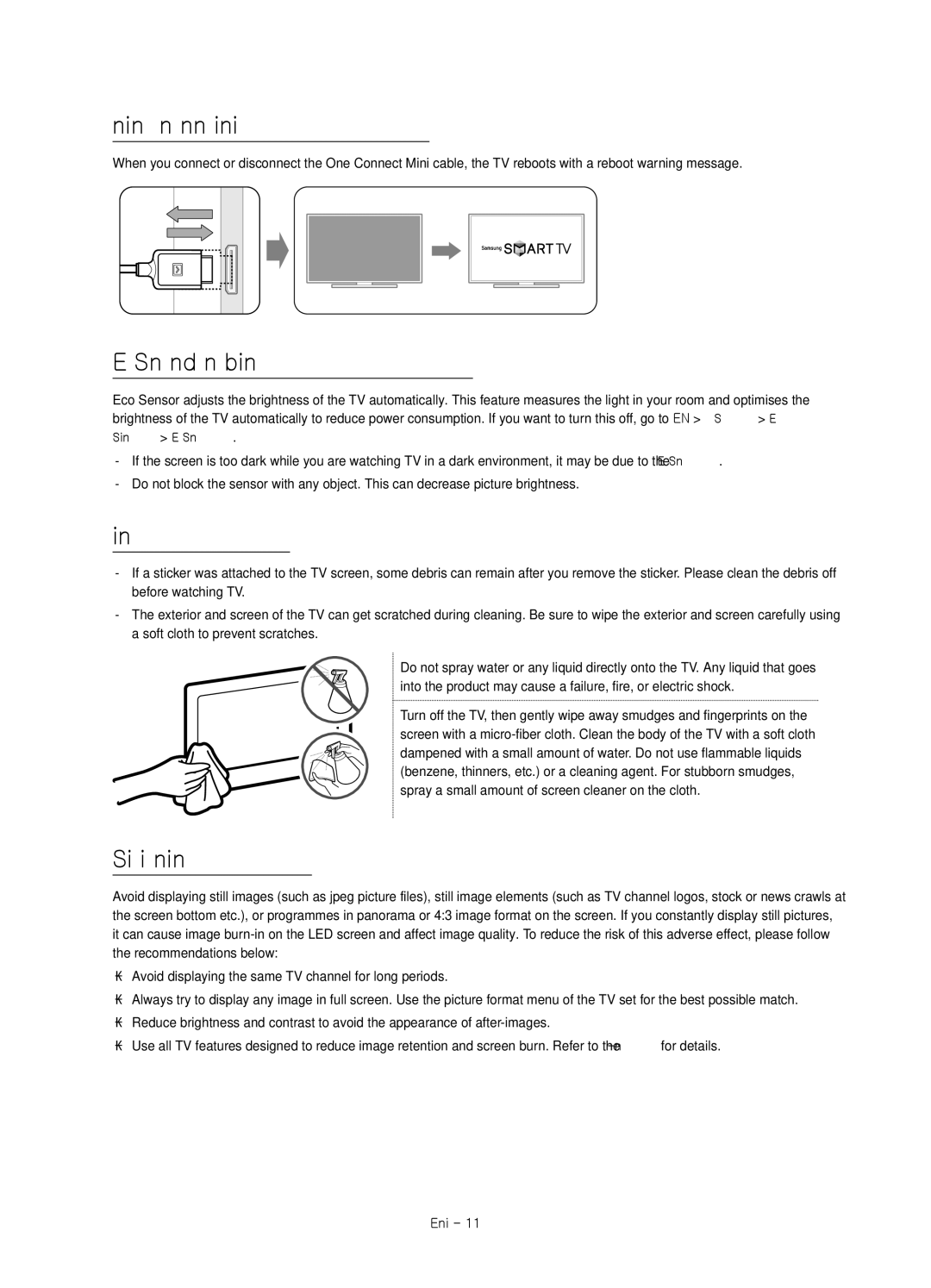 Samsung UA55JS8000KXSQ, UA55JS8000KXXV manual Eco Sensor and screen brightness, Caring for the TV, Still image warning 