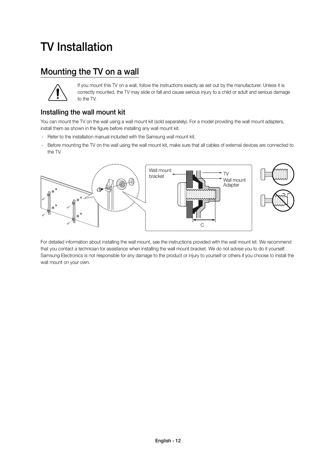 Samsung UA55JS8000KXXV, UA65JS8000KXXV manual TV Installation, Mounting the TV on a wall, Installing the wall mount kit 