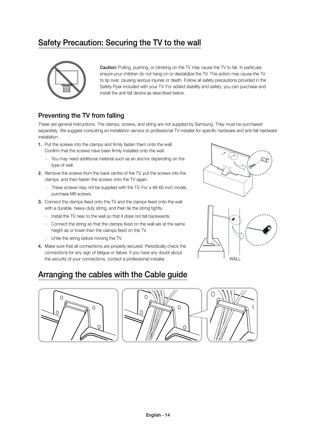 Samsung UA65JS8000KXSQ manual Safety Precaution Securing the TV to the wall, Arranging the cables with the Cable guide 