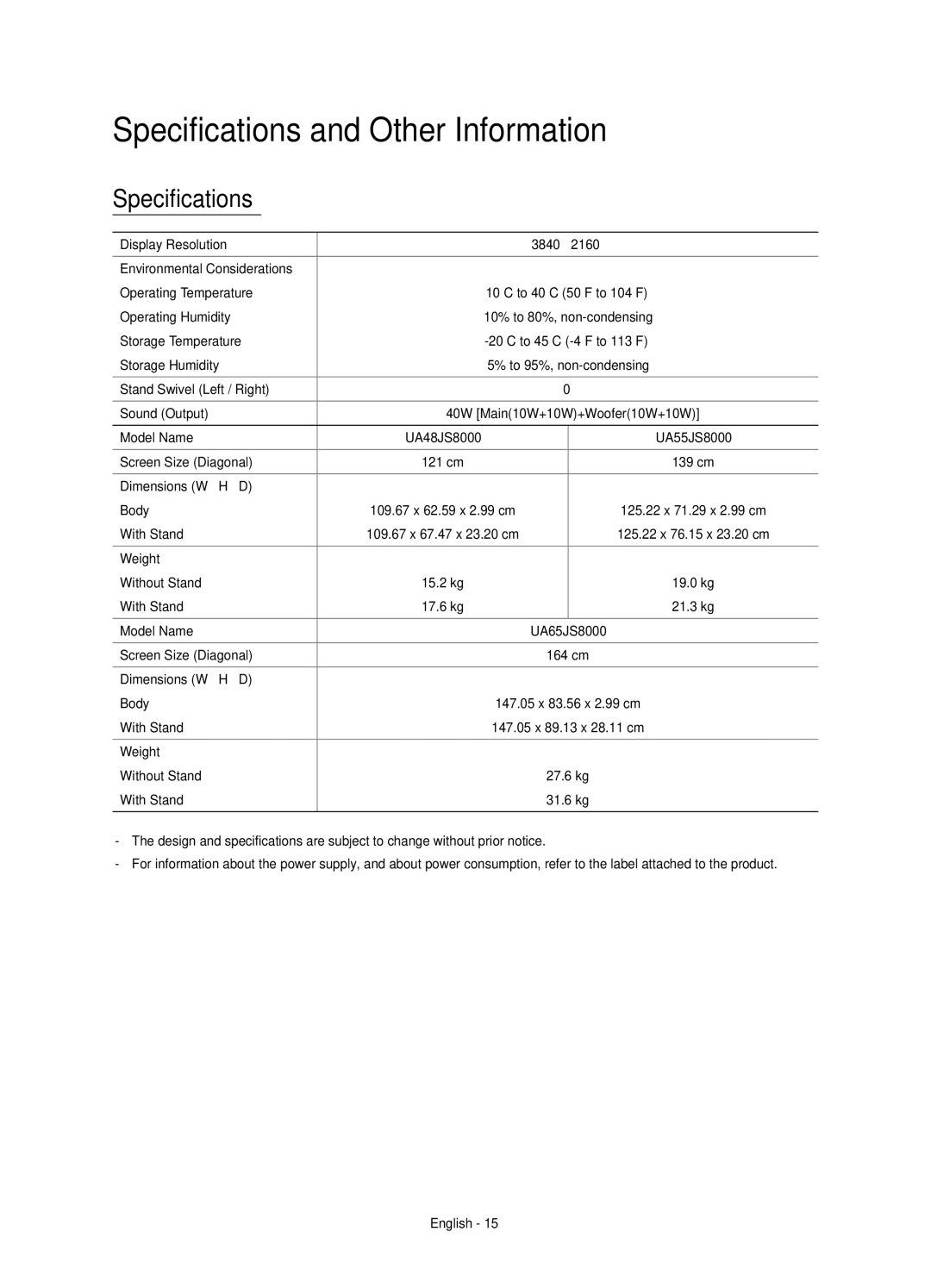 Samsung UA55JS8000KXSQ, UA55JS8000KXXV, UA65JS8000KXXV, UA65JS8000KXSQ manual Specifications and Other Information 