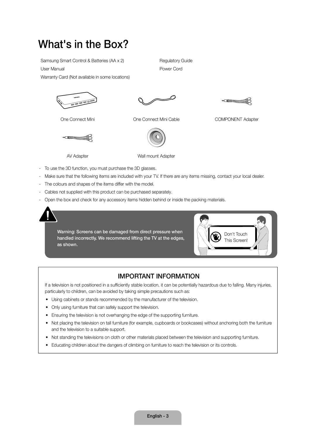 Samsung UA55JS8000KXSQ, UA55JS8000KXXV, UA65JS8000KXXV, UA65JS8000KXSQ manual Whats in the Box?, Important Information 