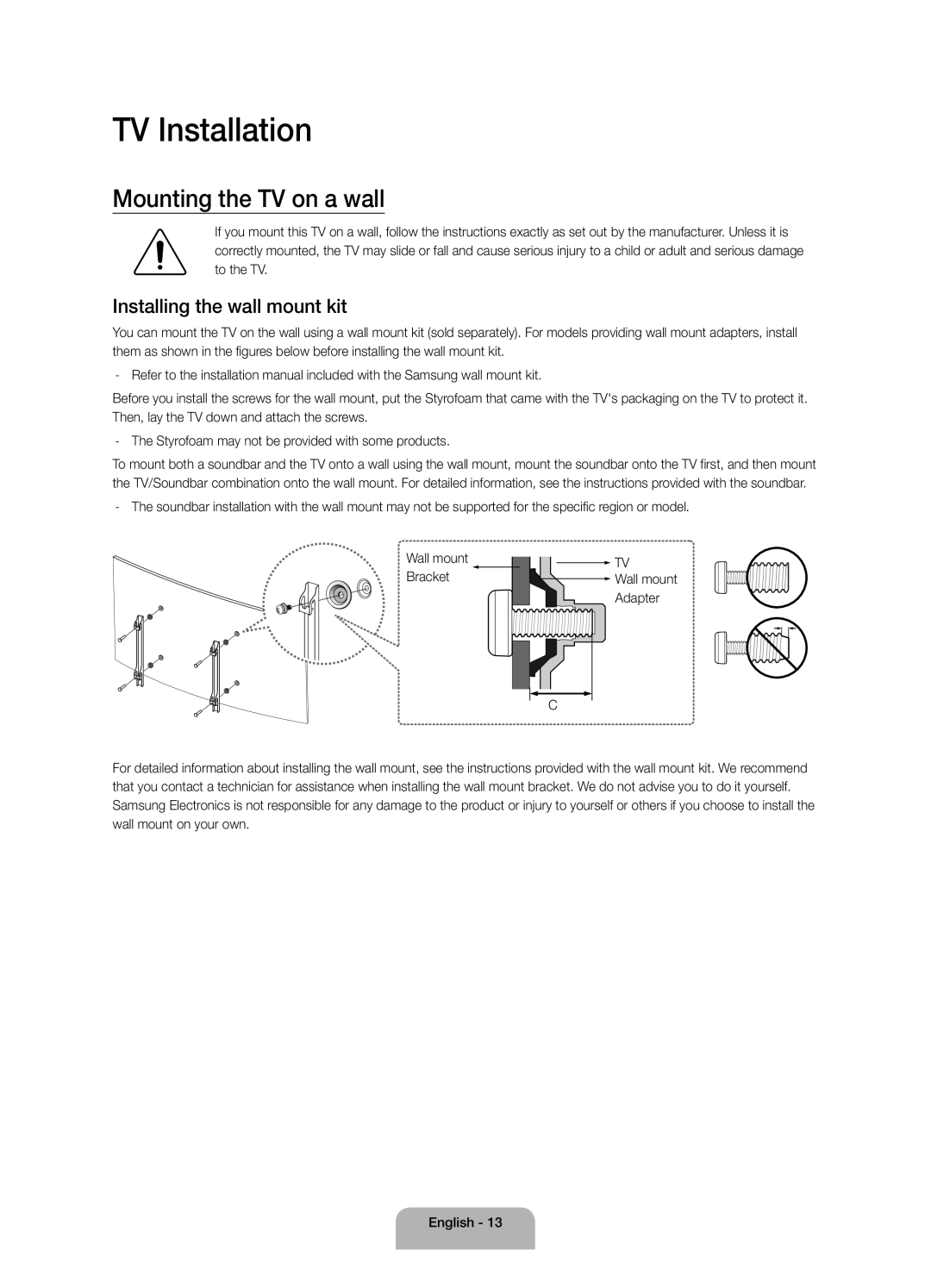 Samsung UA65JS9000RXUM, UA55JS9000RXUM manual TV Installation, Mounting the TV on a wall, Installing the wall mount kit 