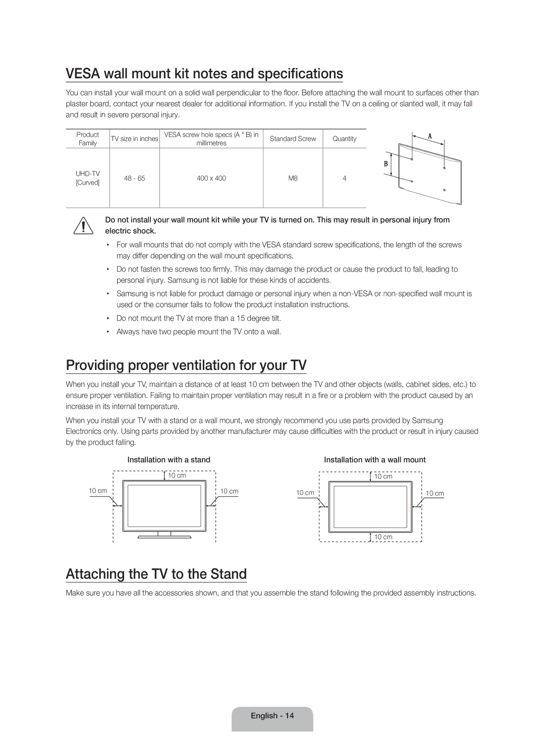 Samsung UA55JS9000RXUM manual Vesa wall mount kit notes and specifications, Providing proper ventilation for your TV 