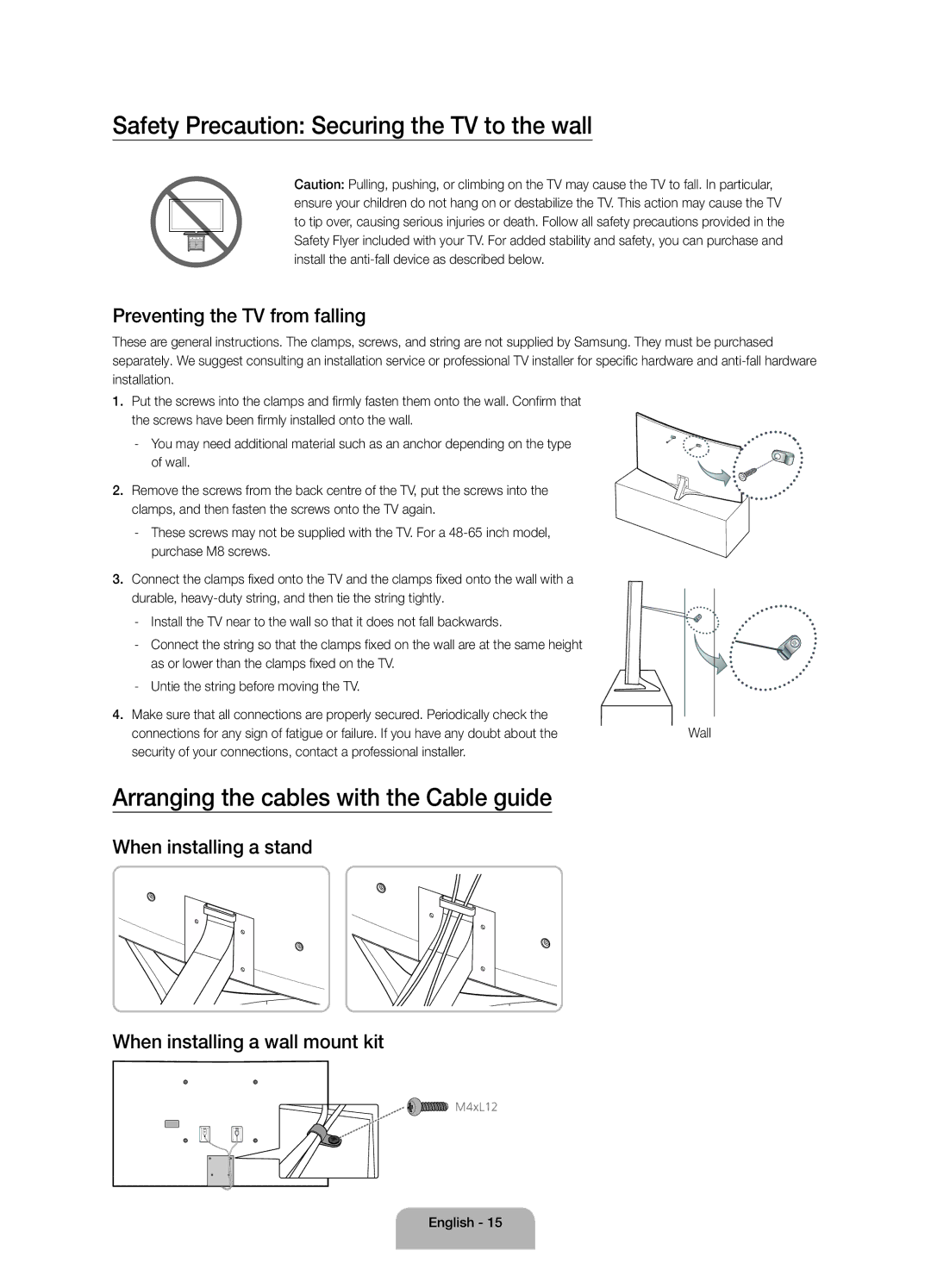 Samsung UA65JS9000RXUM manual Safety Precaution Securing the TV to the wall, Arranging the cables with the Cable guide 