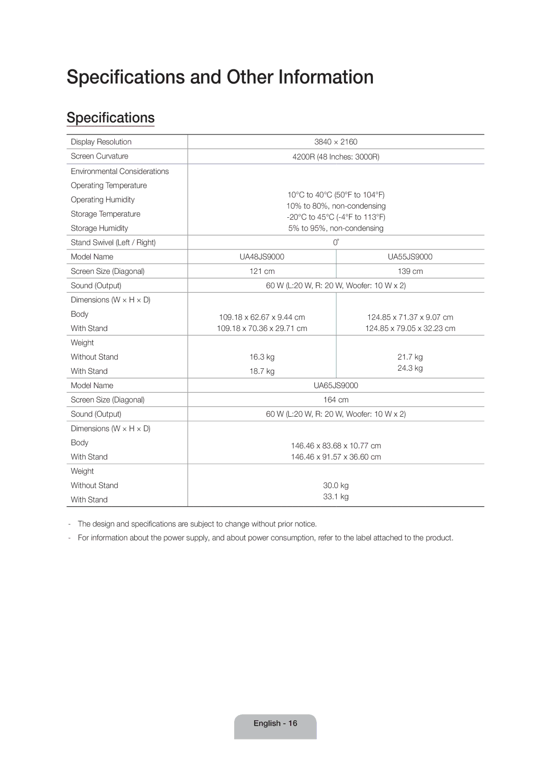 Samsung UA55JS9000RXUM, UA65JS9000RXUM manual Specifications and Other Information 