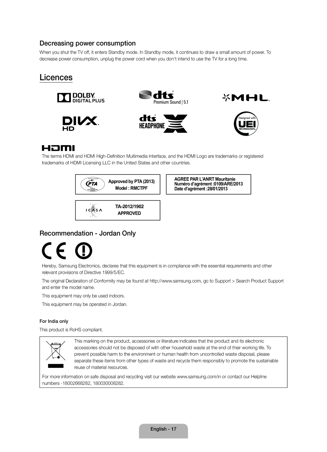 Samsung UA65JS9000RXUM, UA55JS9000RXUM manual Licences, Decreasing power consumption, Recommendation Jordan Only 