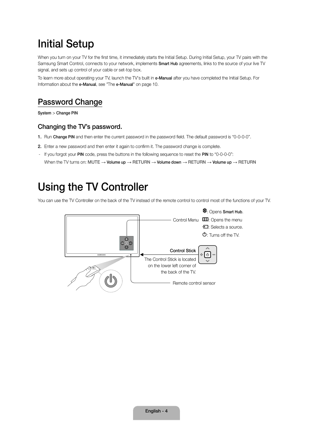 Samsung UA55JS9000RXUM, UA65JS9000RXUM Initial Setup, Using the TV Controller, Password Change, Changing the TV’s password 