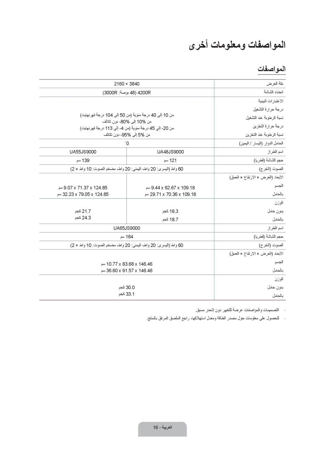 Samsung UA55JS9000RXUM, UA65JS9000RXUM manual ىرخأ تامولعمو تافصاوملا 