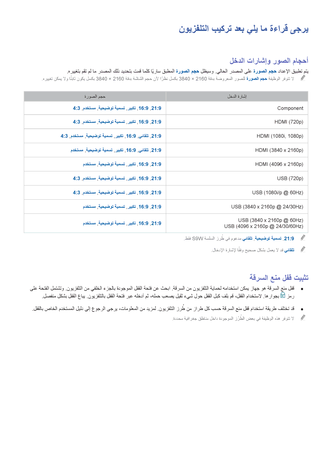 Samsung UA65JS9000RXUM manual نويزفلتلا بيكرت دعب يلي ام ةءارق ىجري, لخدلا تاراشإو روصلا ماجحأ, ةقرسلا عنم لفق تيبثت 