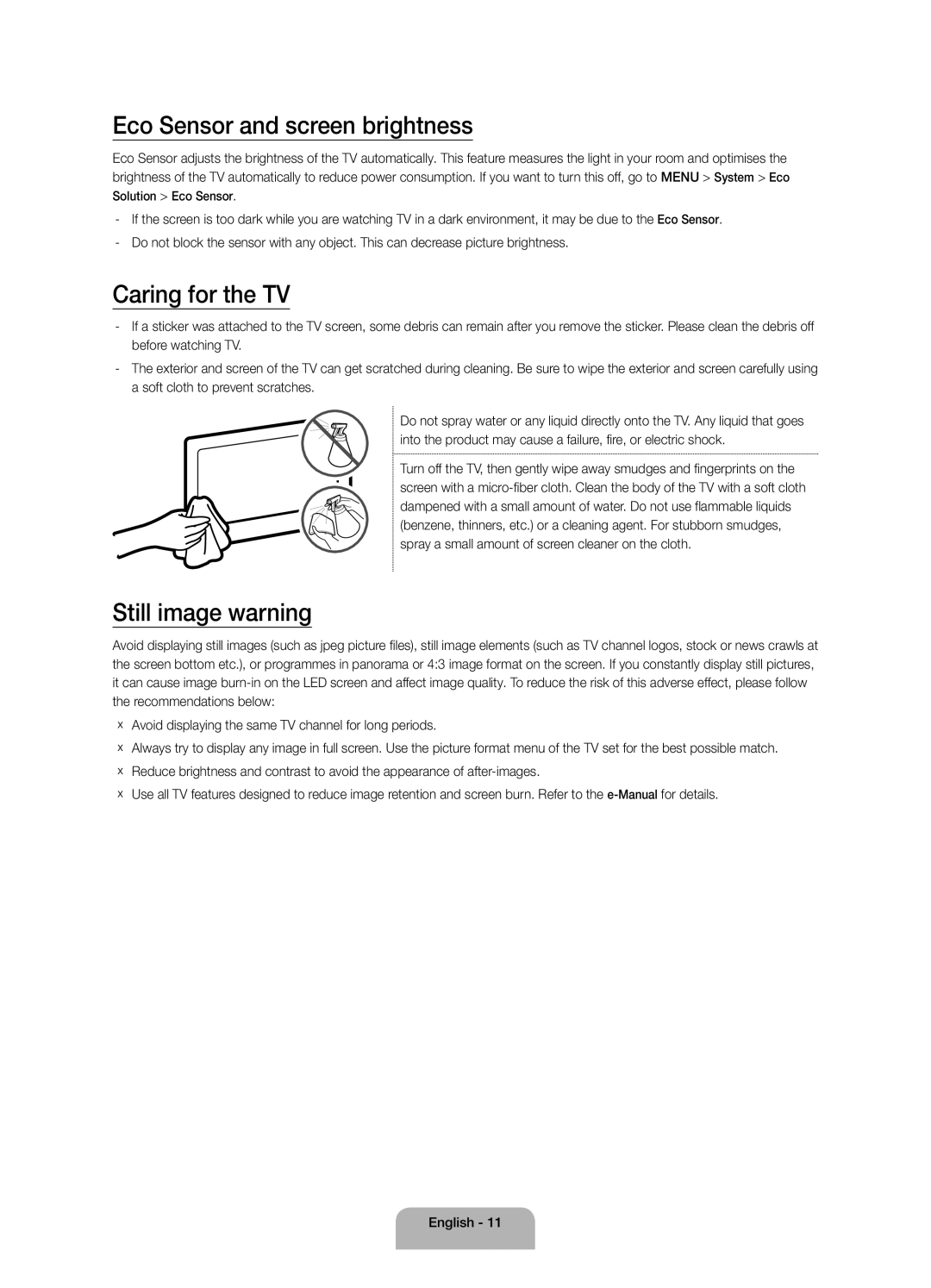 Samsung UA65JU6600RXUM, UA55JU6600RXUM manual Eco Sensor and screen brightness, Caring for the TV, Still image warning 