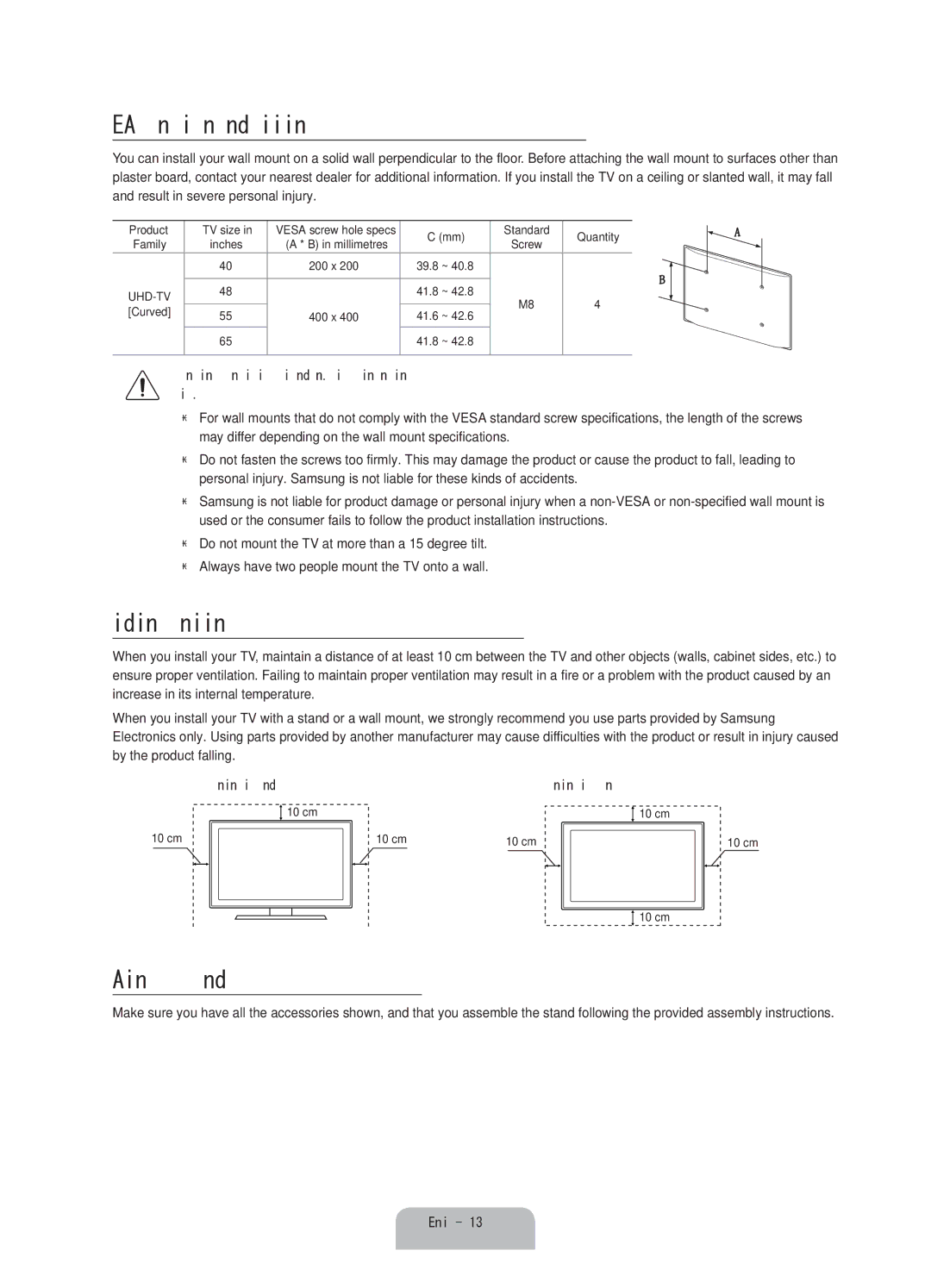 Samsung UA48JU6600RXUM manual Vesa wall mount kit notes and specifications, Providing proper ventilation for your TV 