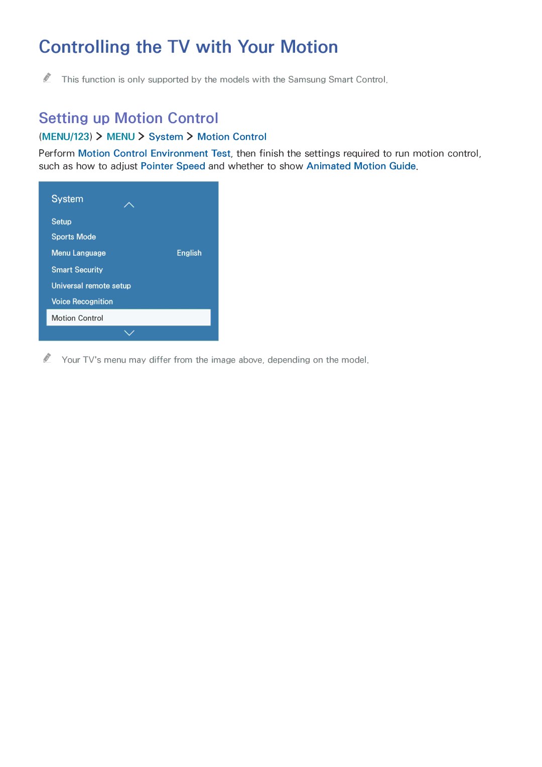 Samsung UA55JU6400KXXV Controlling the TV with Your Motion, Setting up Motion Control, MENU/123 Menu System Motion Control 