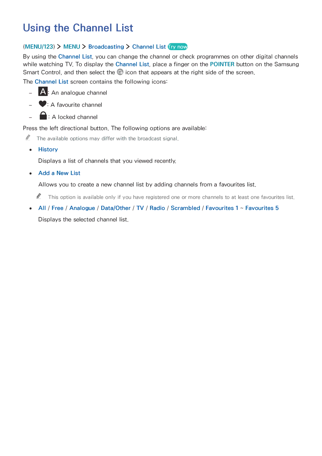 Samsung UA65JS8000KXXV Using the Channel List, MENU/123 Menu Broadcasting Channel List Try now, History, Add a New List 