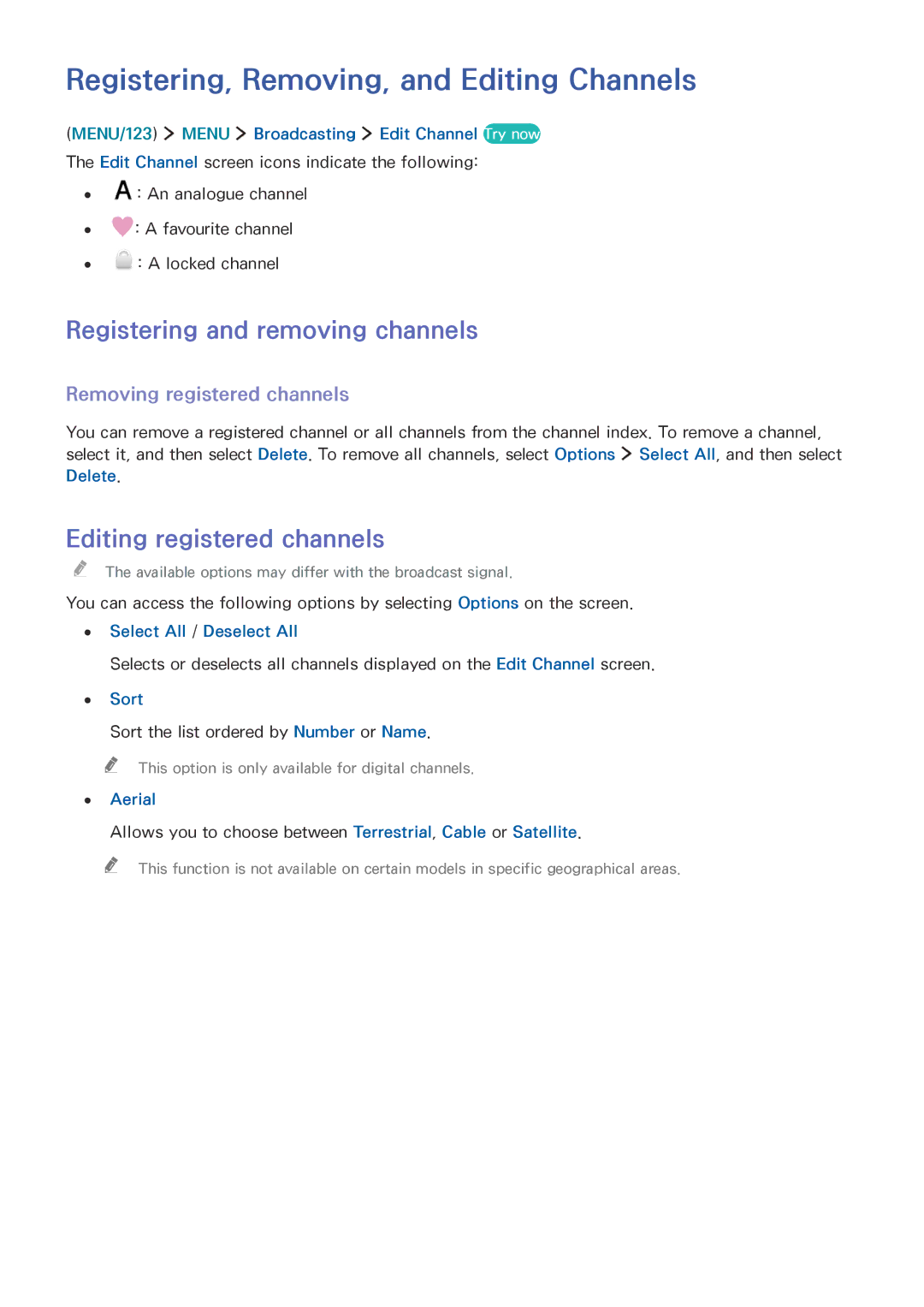 Samsung UA55JS7200KXXV, UA55JU7500KXZN manual Registering, Removing, and Editing Channels, Registering and removing channels 