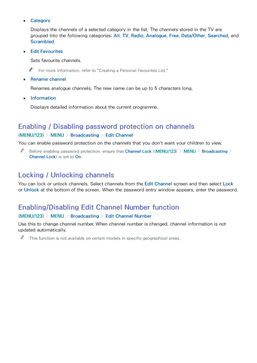 Samsung UA48JU7000KXXV, UA55JU7500KXZN Enabling / Disabling password protection on channels, Locking / Unlocking channels 