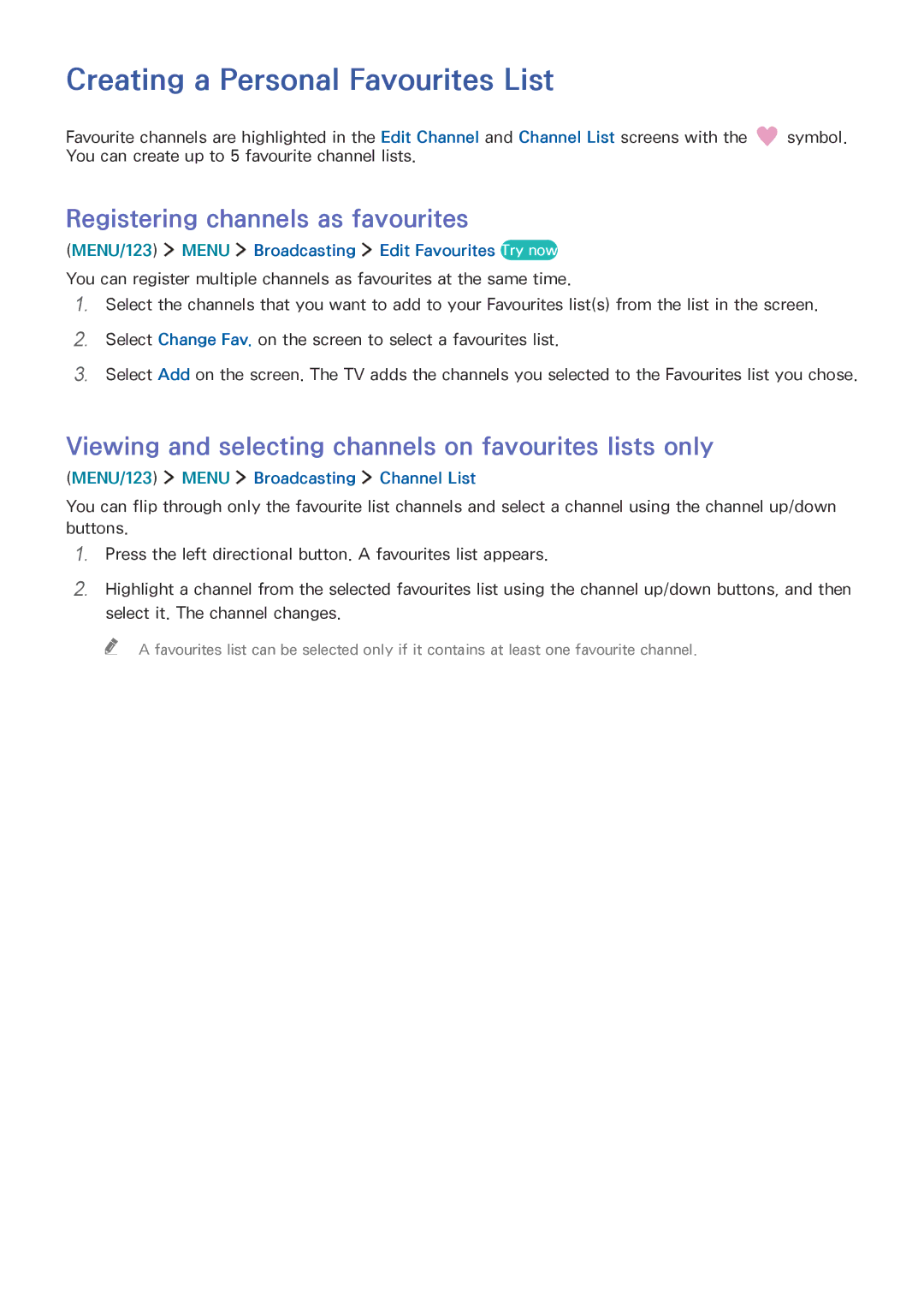 Samsung UA55JU6060KXXV, UA55JU7500KXZN manual Creating a Personal Favourites List, Registering channels as favourites 