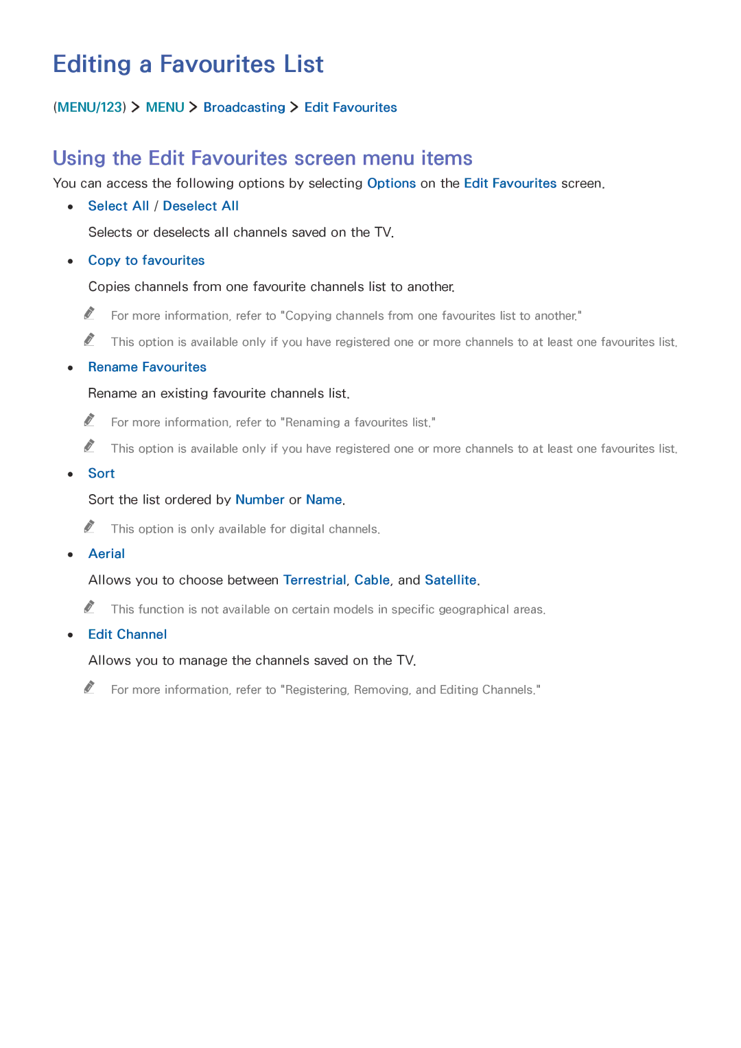 Samsung UA60JU6400KXXV, UA55JU7500KXZN manual Editing a Favourites List, Using the Edit Favourites screen menu items 