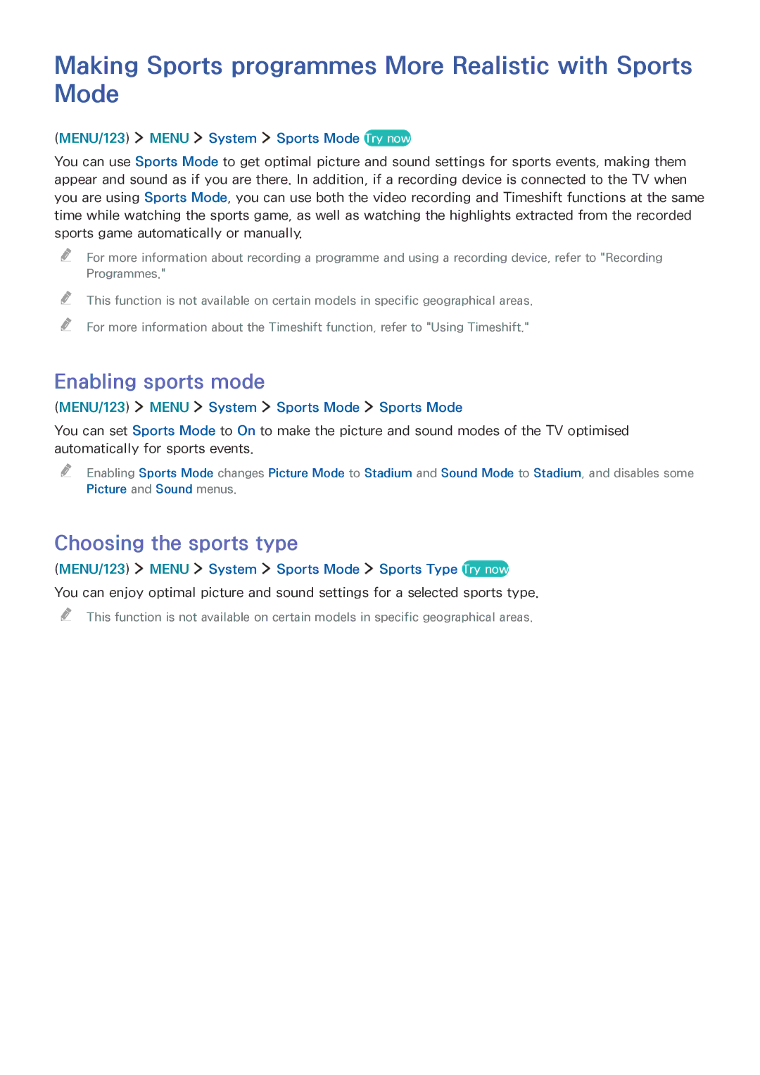 Samsung UA65JU6400KXXV, UA55JU7500KXZN manual Making Sports programmes More Realistic with Sports Mode, Enabling sports mode 