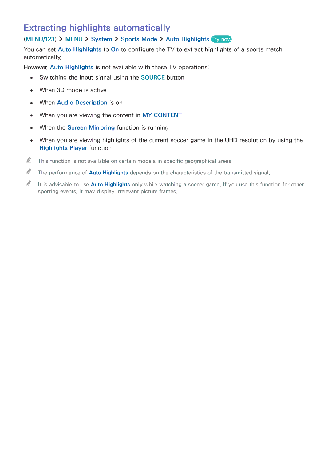 Samsung UA48JU6000KXXV manual Extracting highlights automatically, MENU/123 Menu System Sports Mode Auto Highlights Try now 