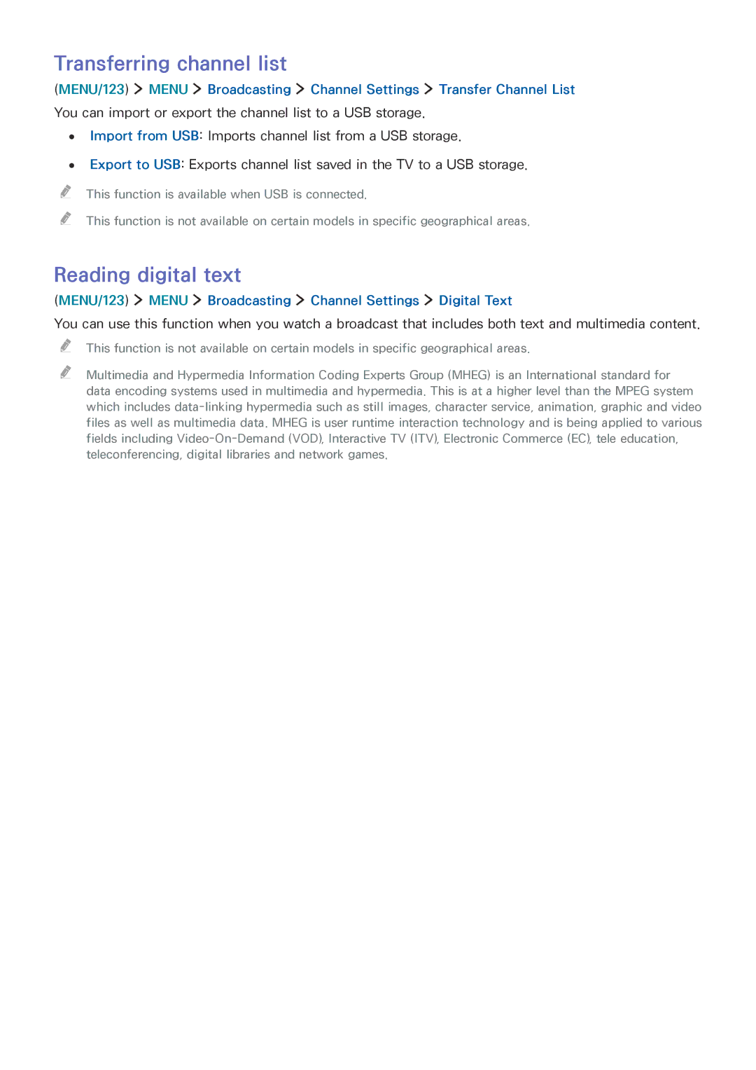 Samsung UA65JU6600KXSQ, UA55JU7500KXZN, UA55JU6600KXZN, UA55JS8000KXXV manual Transferring channel list, Reading digital text 