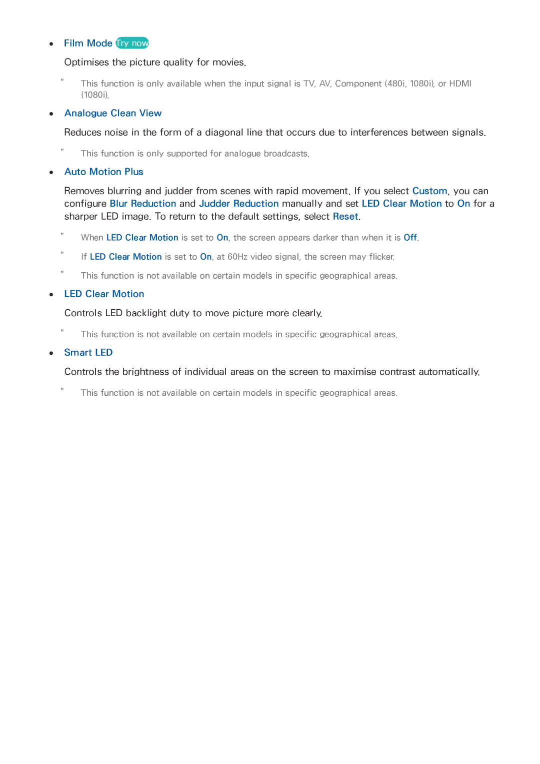 Samsung UA55JS8000KXXV manual Film Mode Try now, Analogue Clean View, Auto Motion Plus, LED Clear Motion, Smart LED 