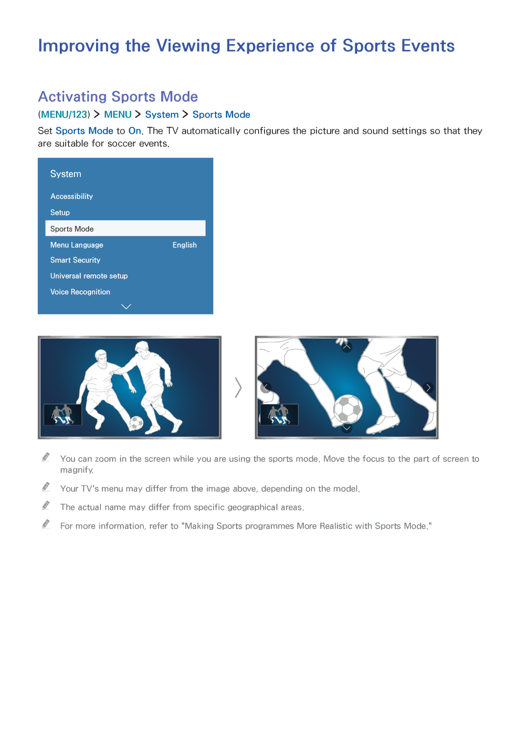 Samsung UA60JS7200KXXV, UA55JU7500KXZN manual Improving the Viewing Experience of Sports Events, Activating Sports Mode 