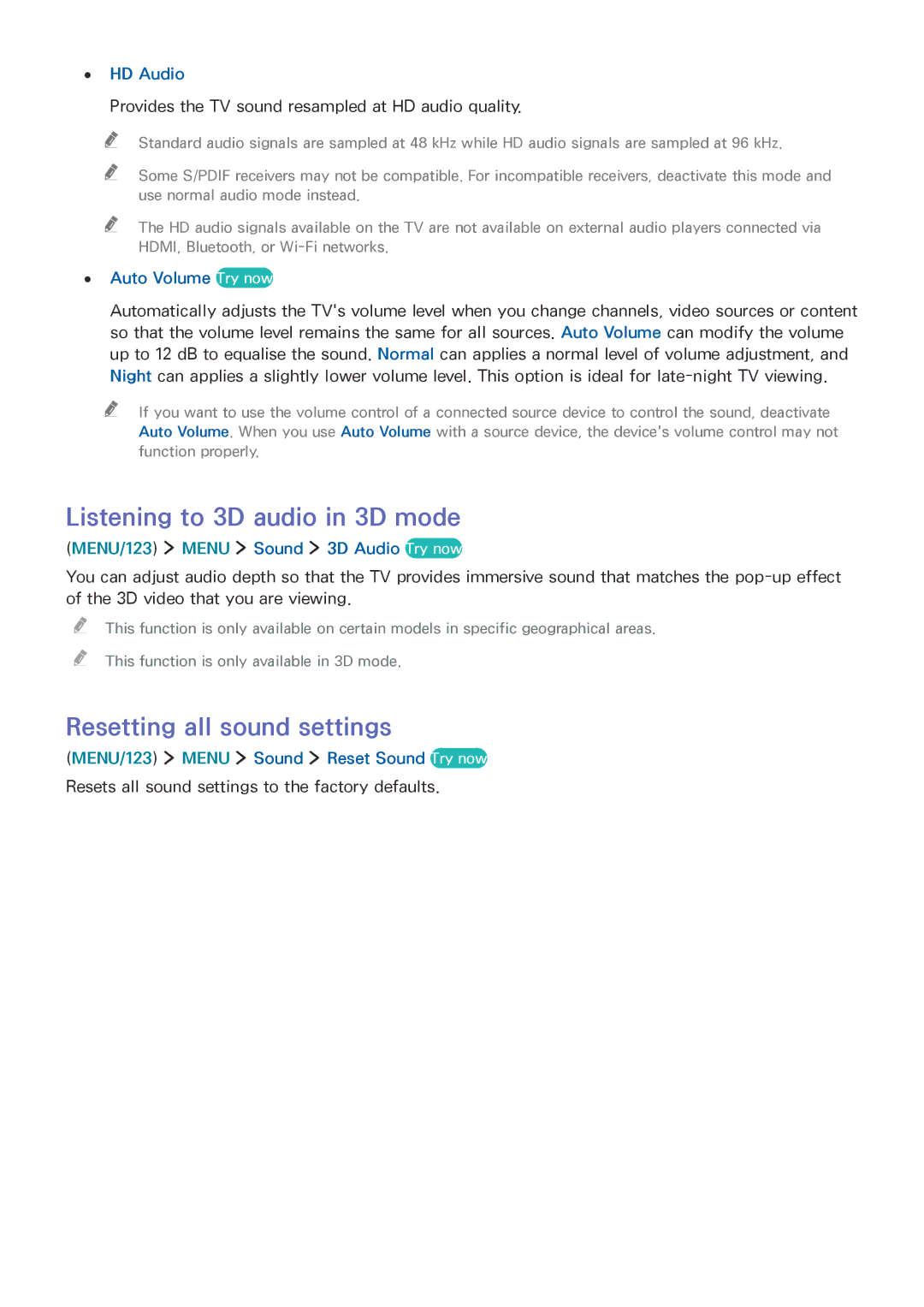 Samsung UA55JU6600KXXV, UA55JU7500KXZN, UA55JU6600KXZN manual Listening to 3D audio in 3D mode, Resetting all sound settings 