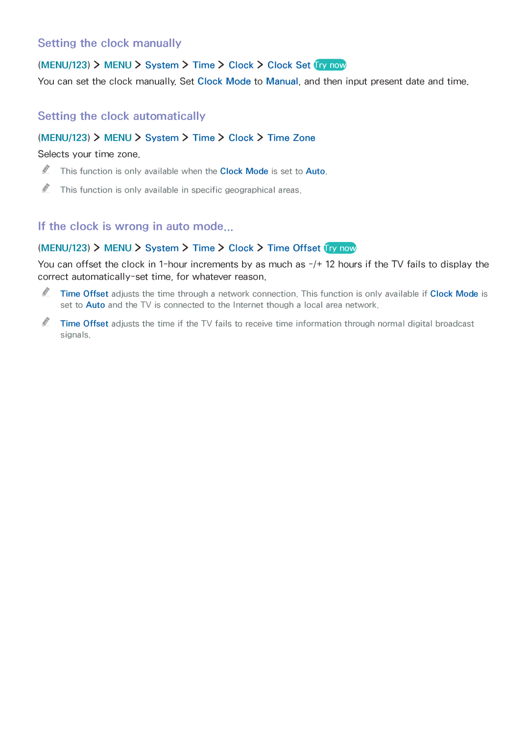 Samsung UA65JU7000KXXV Setting the clock manually, Setting the clock automatically, If the clock is wrong in auto mode 