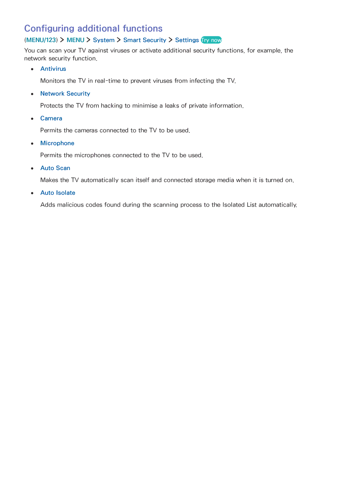 Samsung UA48JU6000KXXV Configuring additional functions, MENU/123 Menu System Smart Security Settings Try now, Antivirus 