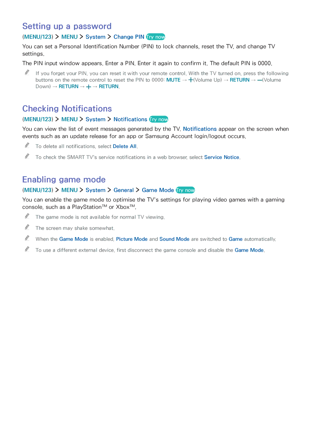 Samsung UA48JU6000KXSQ, UA55JU7500KXZN, UA55JU6600KXZN Setting up a password, Checking Notifications, Enabling game mode 