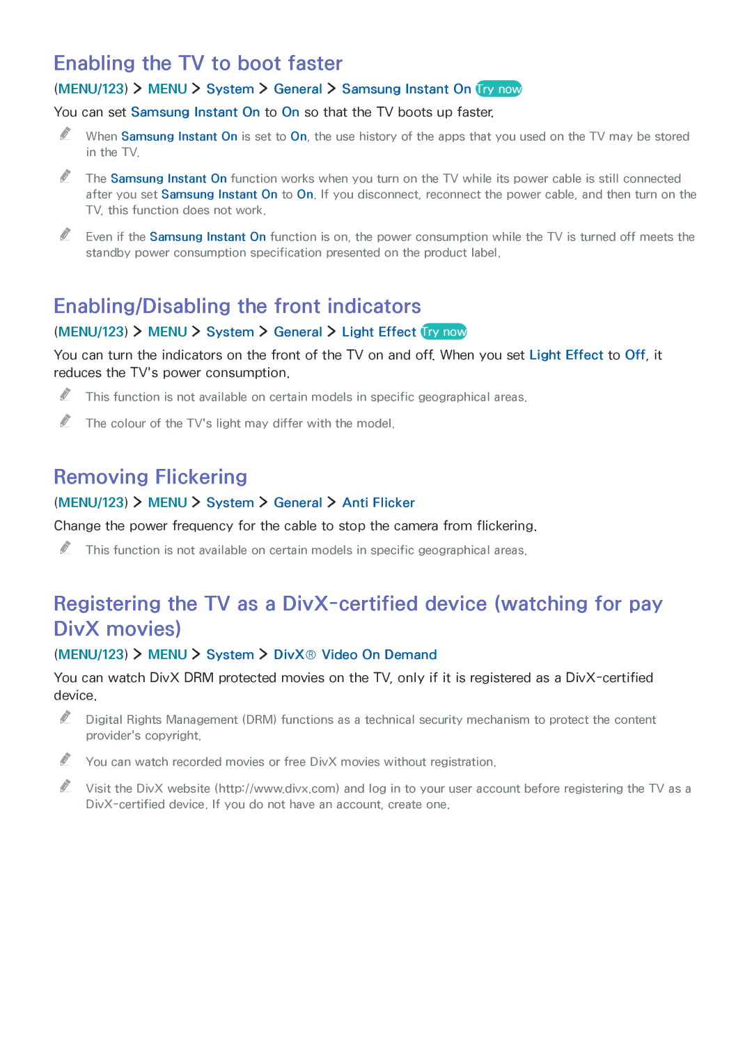 Samsung UA55JU6600KXSQ manual Enabling the TV to boot faster, Enabling/Disabling the front indicators, Removing Flickering 