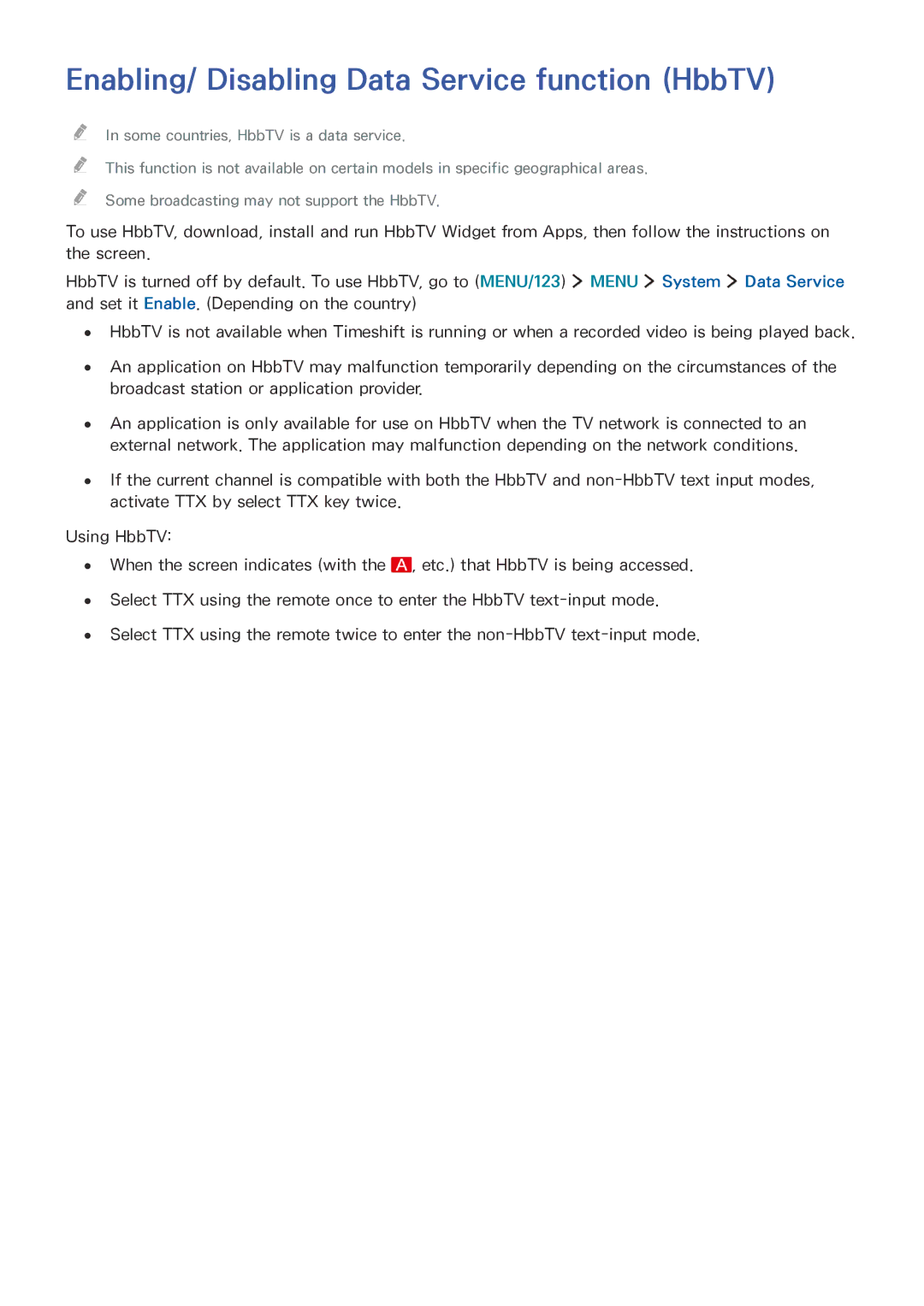 Samsung UA55JU6400KXSQ, UA55JU7500KXZN, UA55JU6600KXZN, UA55JS8000KXXV manual Enabling/ Disabling Data Service function HbbTV 