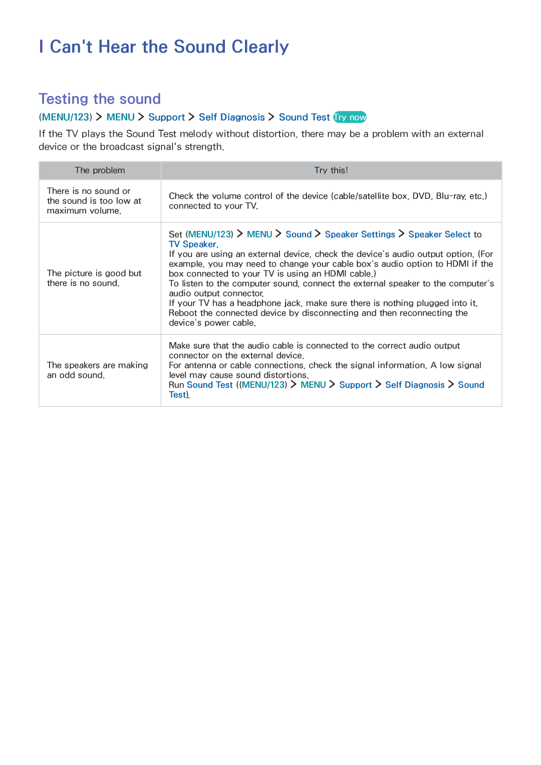 Samsung UA48JU6600KXXV, UA55JU7500KXZN, UA55JU6600KXZN, UA55JS8000KXXV manual Cant Hear the Sound Clearly, Testing the sound 