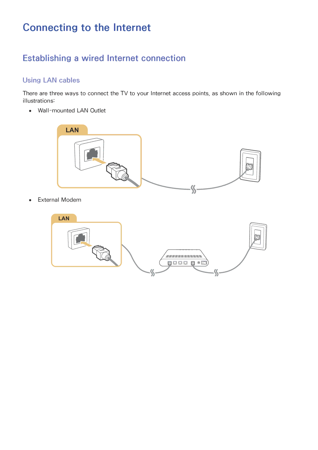 Samsung UA55JU7500KXXV manual Connecting to the Internet, Establishing a wired Internet connection, Using LAN cables 