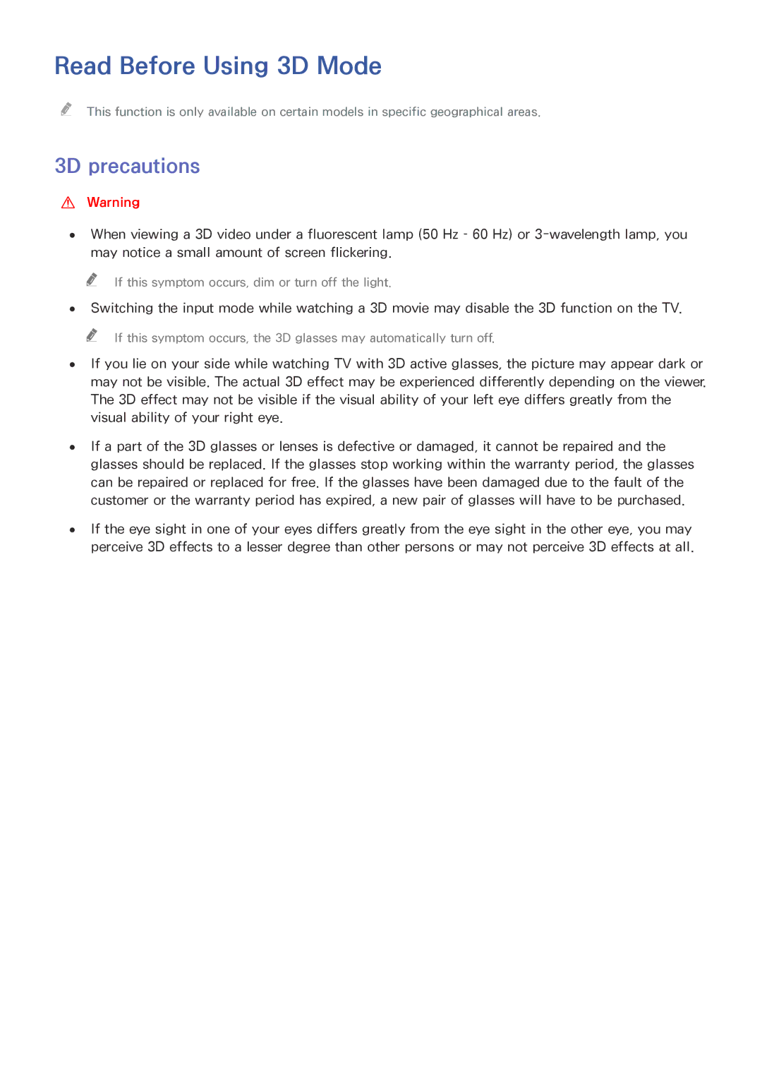 Samsung UA48JU6060KXXV, UA55JU7500KXZN, UA55JU6600KXZN, UA55JS8000KXXV manual Read Before Using 3D Mode, 3D precautions 