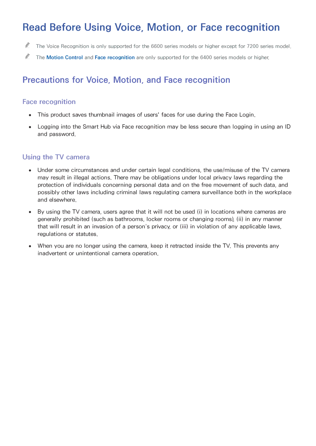 Samsung UA48JU7000KXXV, UA55JU7500KXZN manual Read Before Using Voice, Motion, or Face recognition, Using the TV camera 