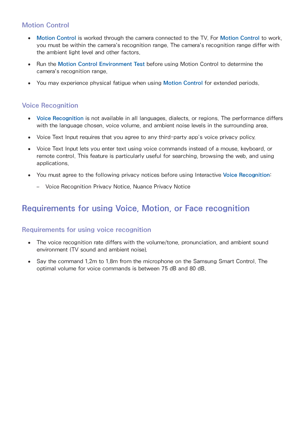 Samsung UA55JU6060KXXV manual Requirements for using Voice, Motion, or Face recognition, Motion Control, Voice Recognition 