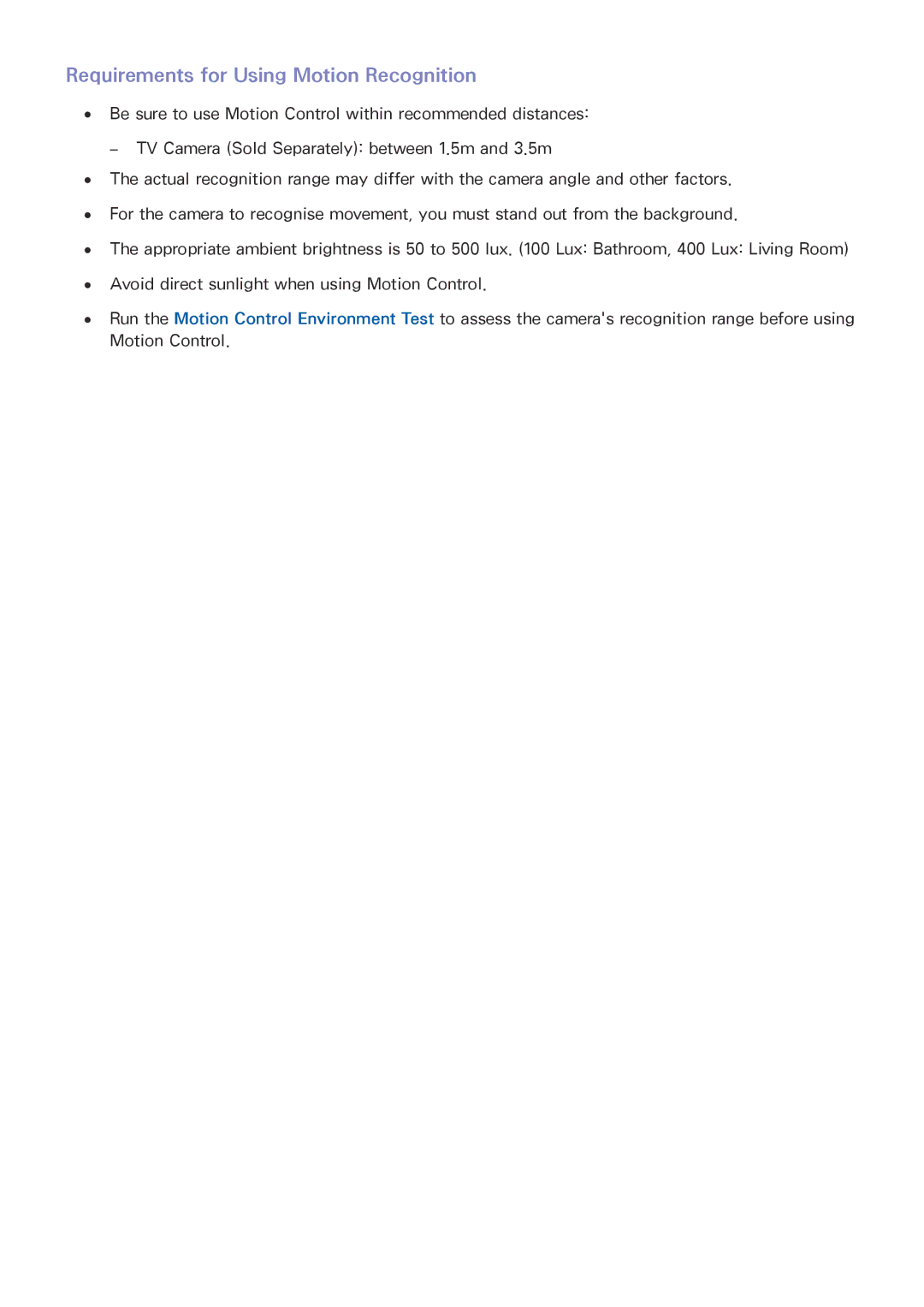 Samsung UA60JU6400KXXV, UA55JU7500KXZN, UA55JU6600KXZN, UA55JS8000KXXV manual Requirements for Using Motion Recognition 