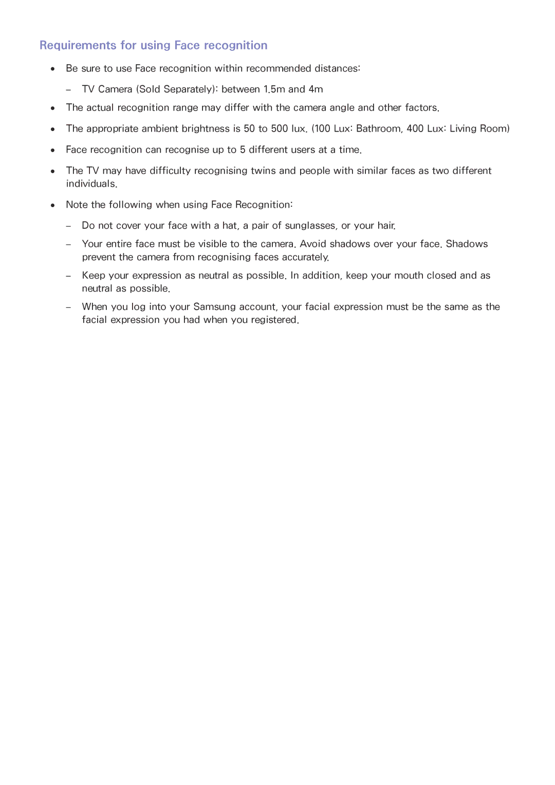 Samsung UA65JU6060KXXV, UA55JU7500KXZN, UA55JU6600KXZN, UA55JS8000KXXV manual Requirements for using Face recognition 